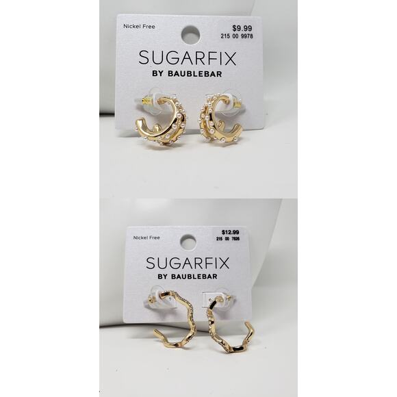 NWT Sugarfix by Baublebar 2 Pack Gold-Tone Earrings Faux Pearl Zig-Zag Hoop - Picture 1 of 9